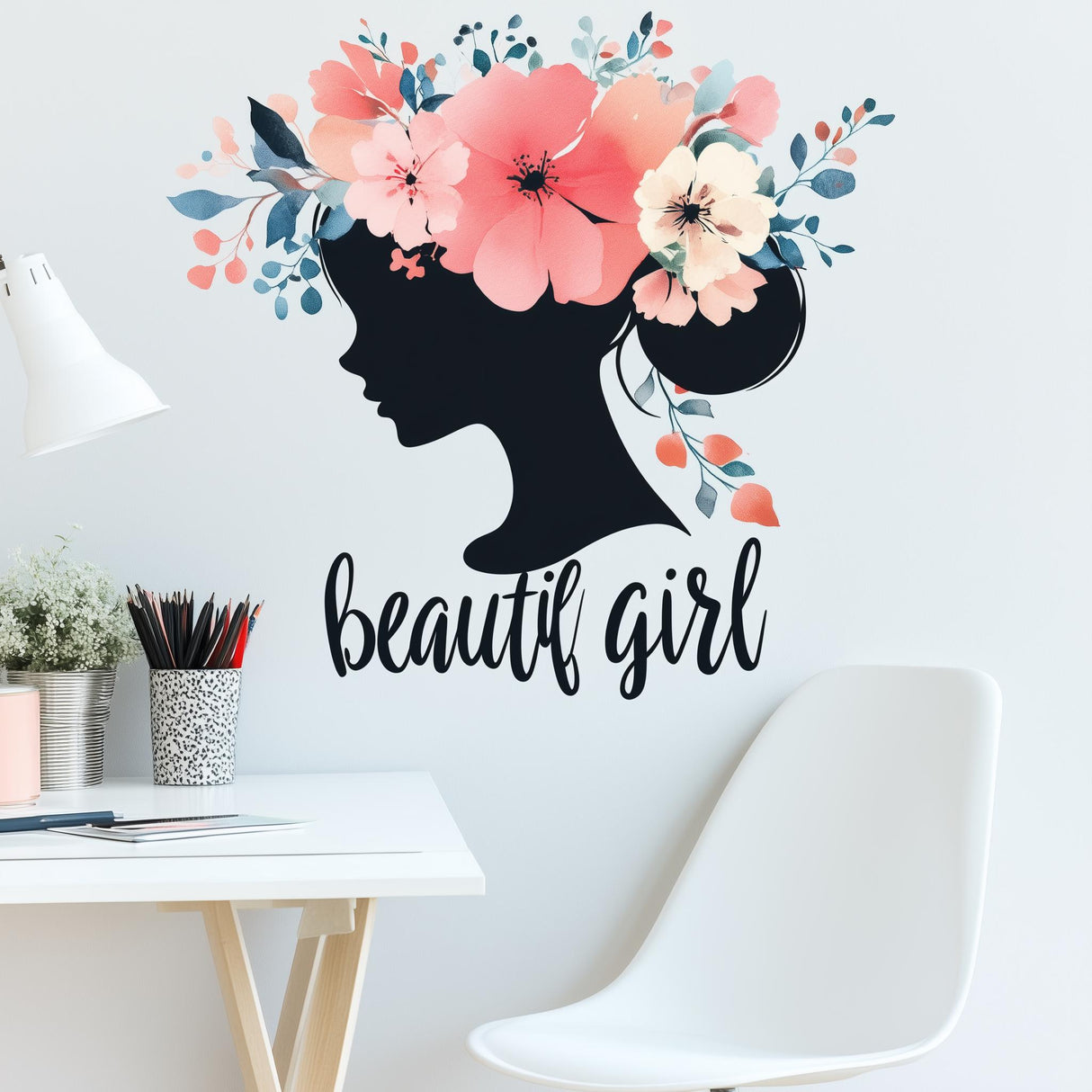 Beautiful girl wall decal with floral crown and handwritten text on a stylish wall, perfect for feminine decor.