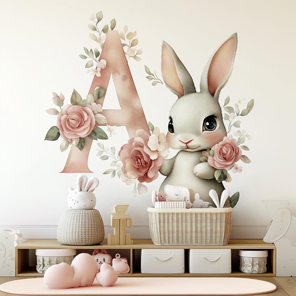 Personalized wall decal featuring a cute bunny and floral letter A for nursery decor.