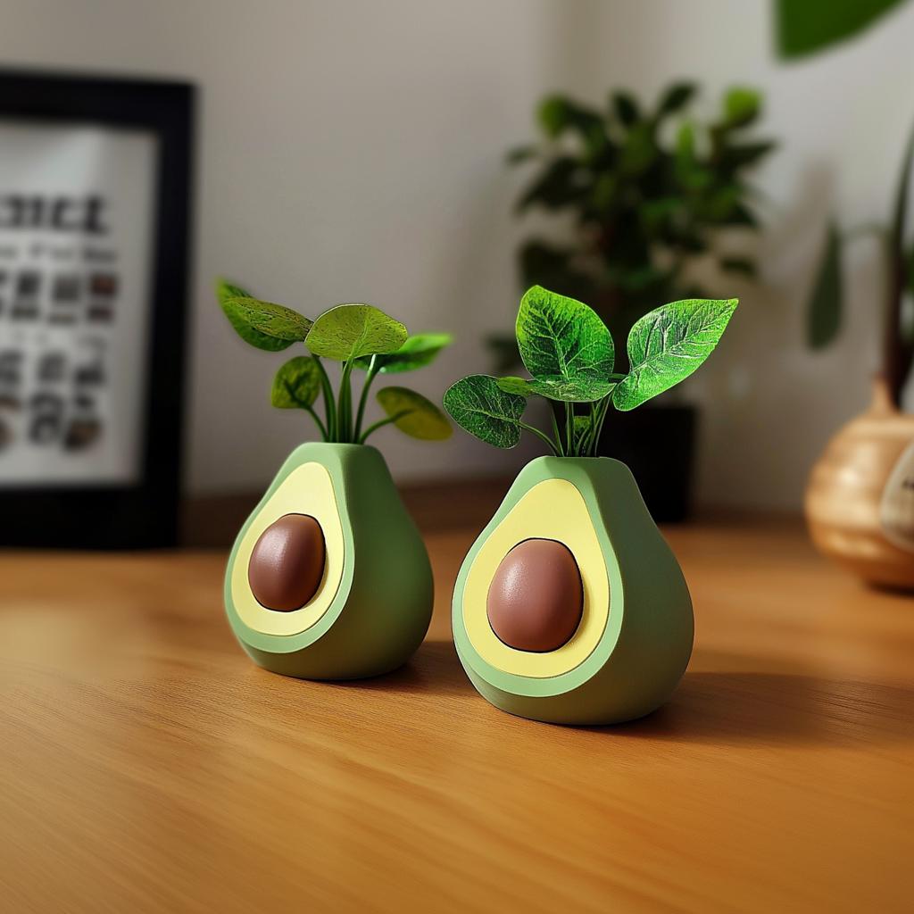 Cute avocado flower pots with greenery on a desk, perfect for home decor and organizing succulents.