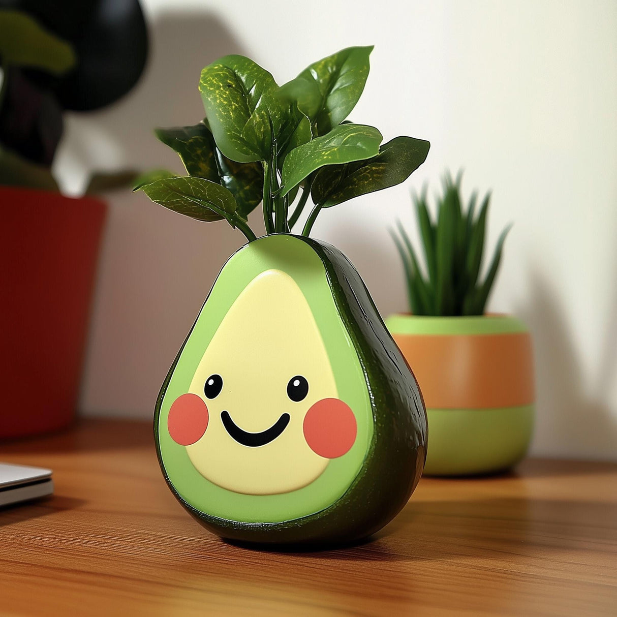 Cute avocado planter with smiley face, perfect for succulents and whimsical home decor.