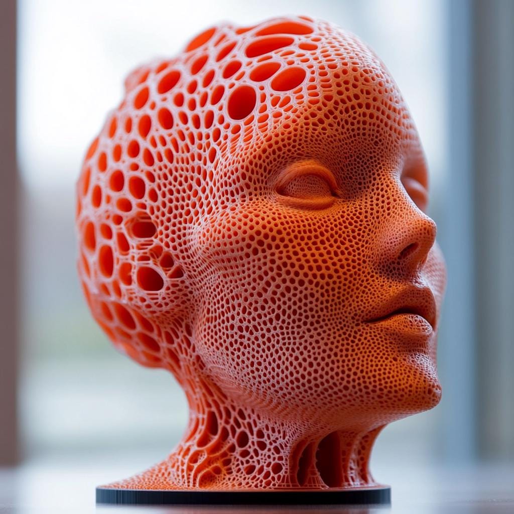 Close-up of a detailed orange 3D printed head sculpture with a unique honeycomb texture.