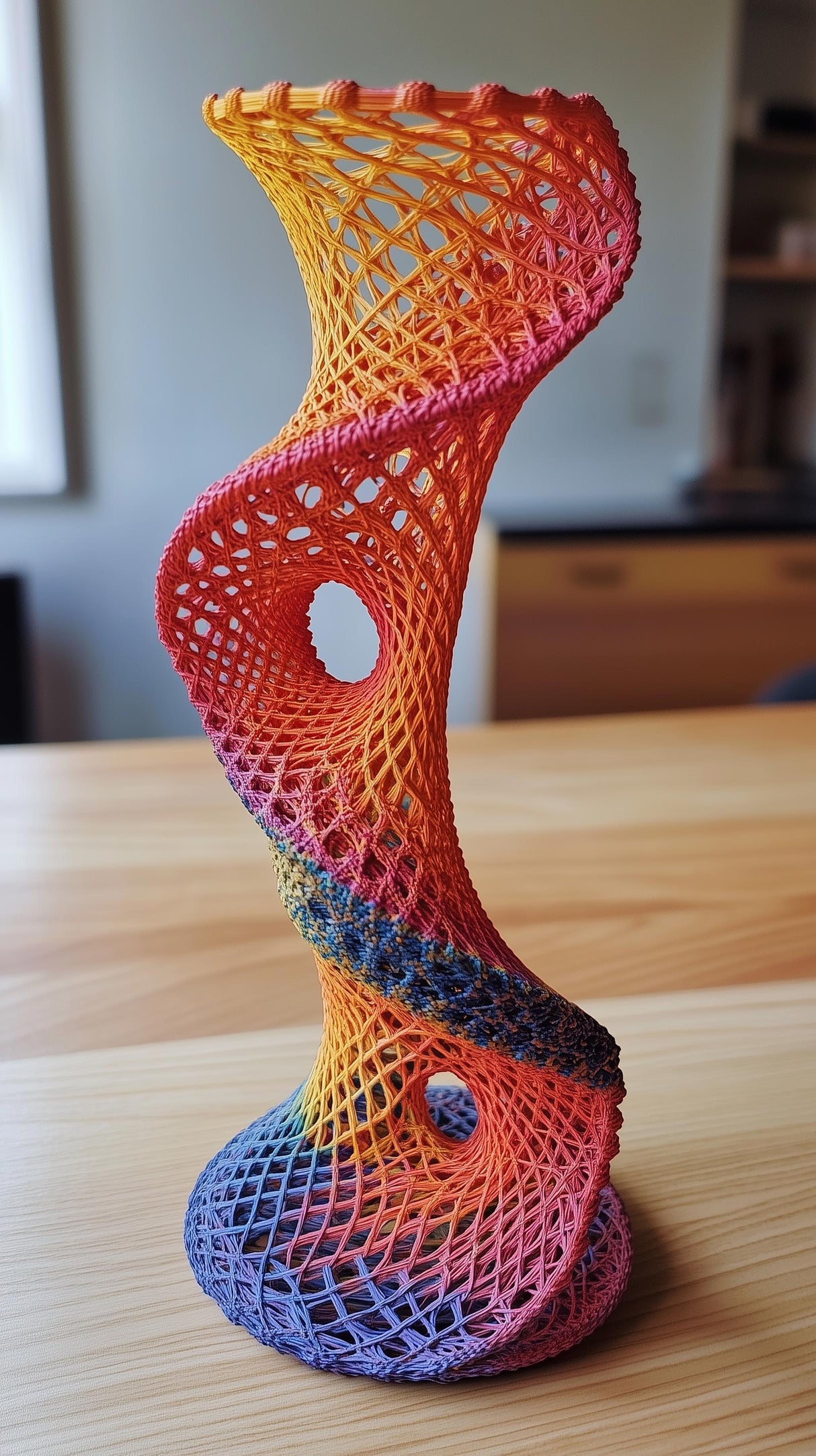 Colorful 3D printed decorative vase with intricate lattice design showcasing gradient hues.
