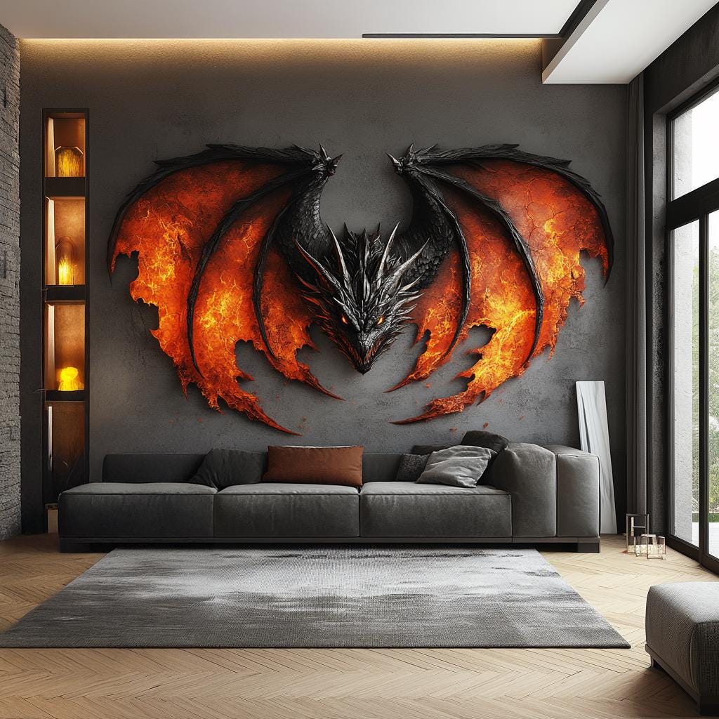 Fiery Dragon Wall Sticker | Epic Fantasy Wall Art Mural | Bold Red Black Decal Decor for Living Rooms, Game Rooms| Removable Vinyl Decals
