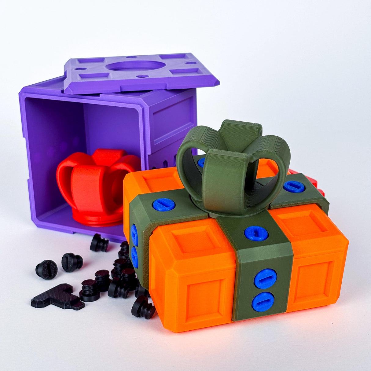 Colorful 3D printed Annoying Gift Box with bolts, designed for fun gift challenges and pranks.