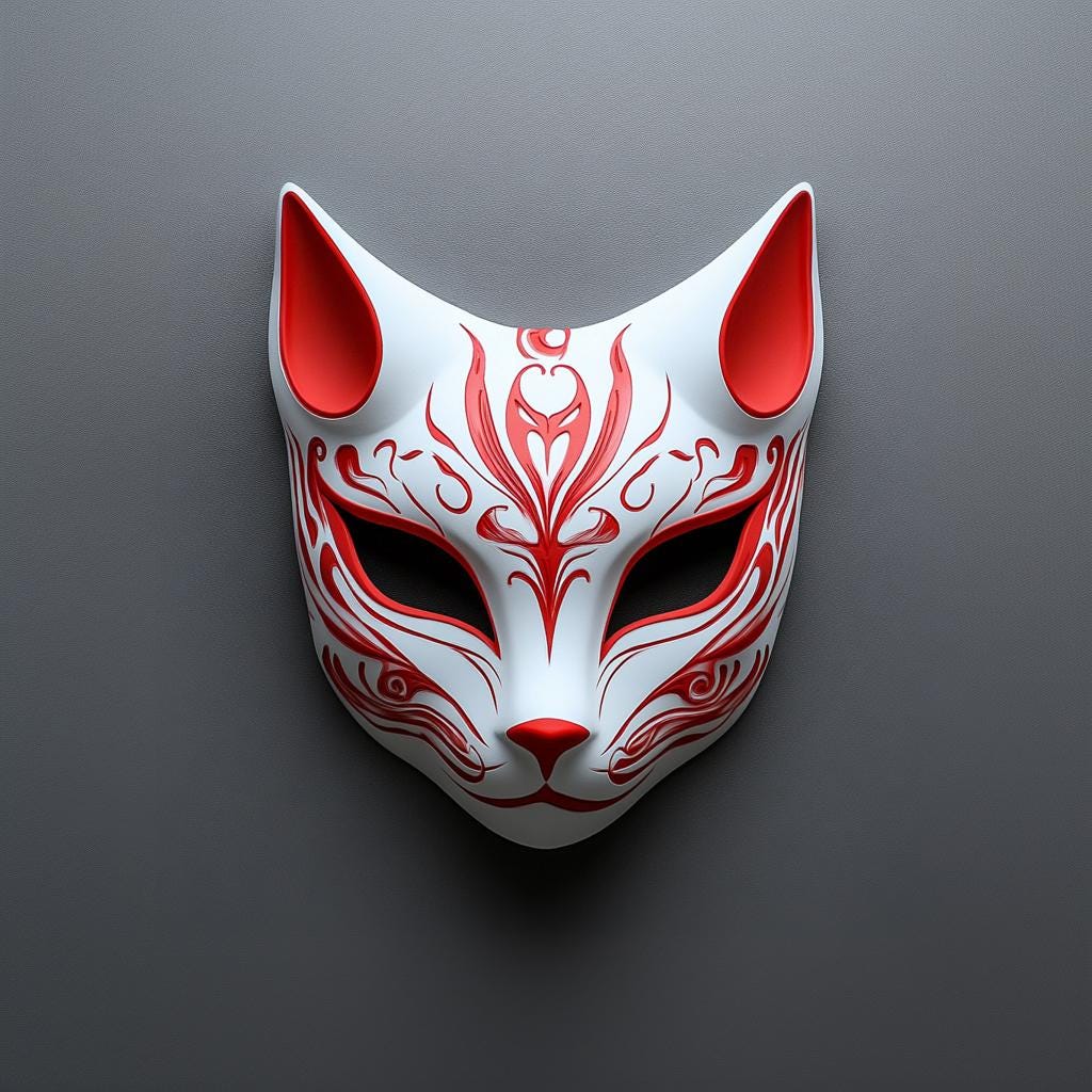 3D-printed red fox mask inspired by Japanese culture for cosplay and festivals.
