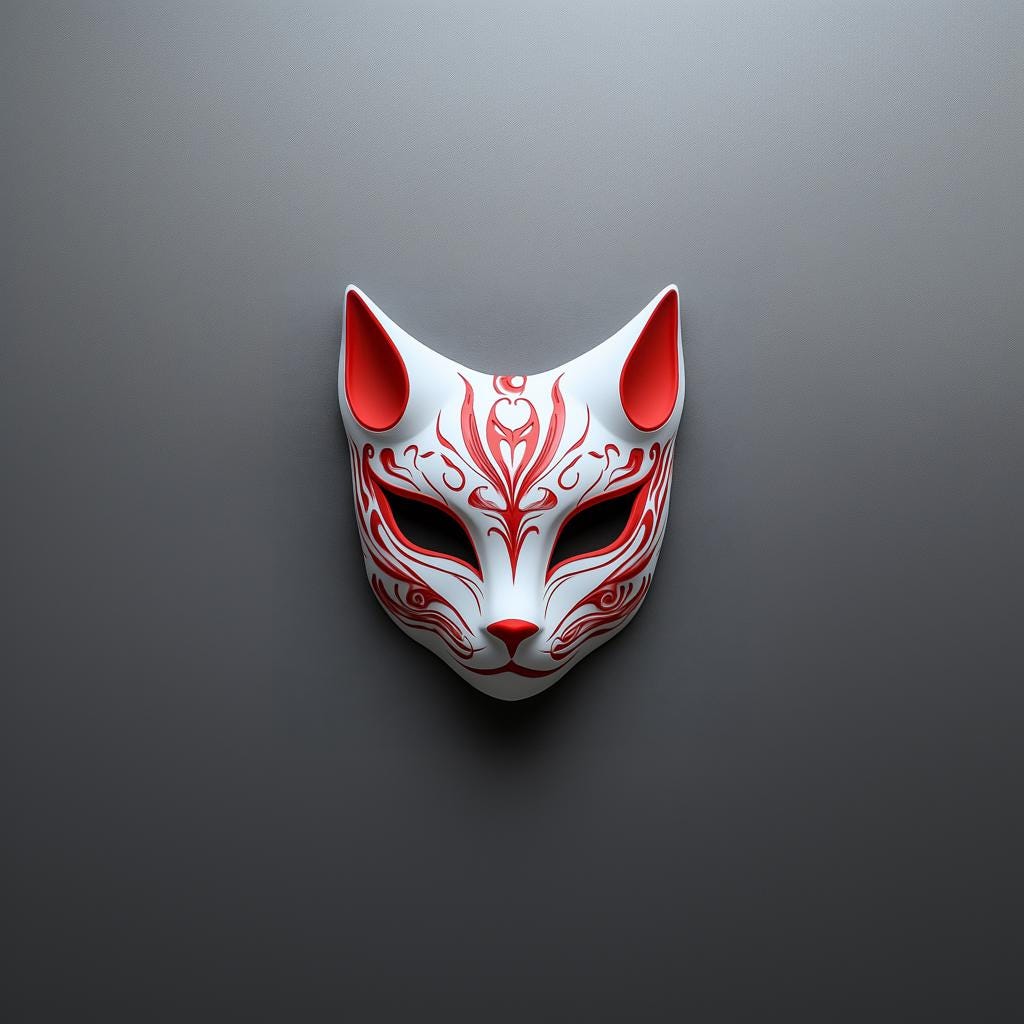 3D-printed red and white Kitsune fox mask for cosplay and festivals, inspired by Japanese mythology.