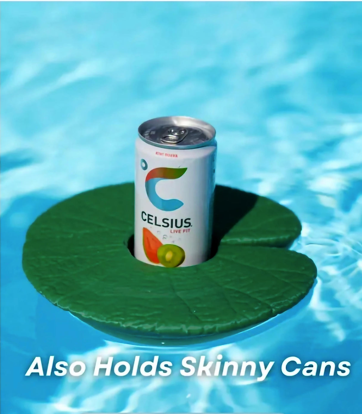 Lily Pad water cupholder floating in pool with a skinny can, designed to keep drinks secure and stylish.