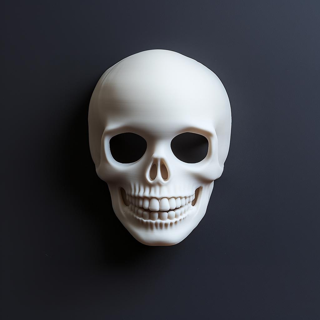 3D printed skull mask displayed on a black background, perfect for Halloween and cosplay costumes.