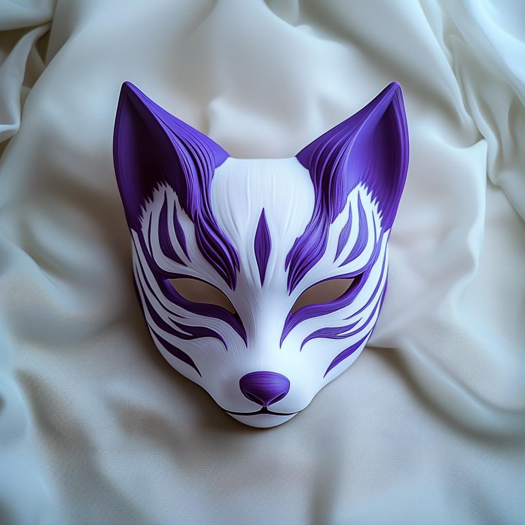 3D printed purple and white kitsune mask resting on soft fabric, ideal for cosplay and Japanese folklore events.