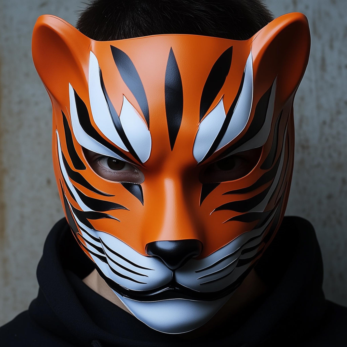 3D-printed tiger mask showcasing bright orange and black stripes, perfect for cosplay and Halloween costumes.