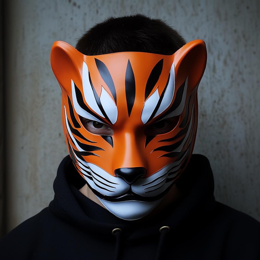 3D-printed tiger mask worn by person, inspired by Japanese folklore and anime aesthetics for cosplay or Halloween.