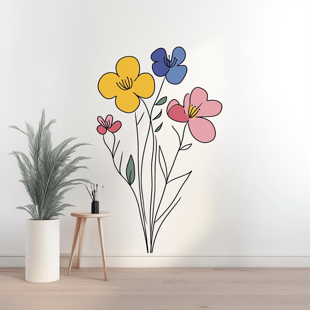 Minimalist floral wall decal with colorful flowers in blue, yellow, and pink, enhancing modern home decor.