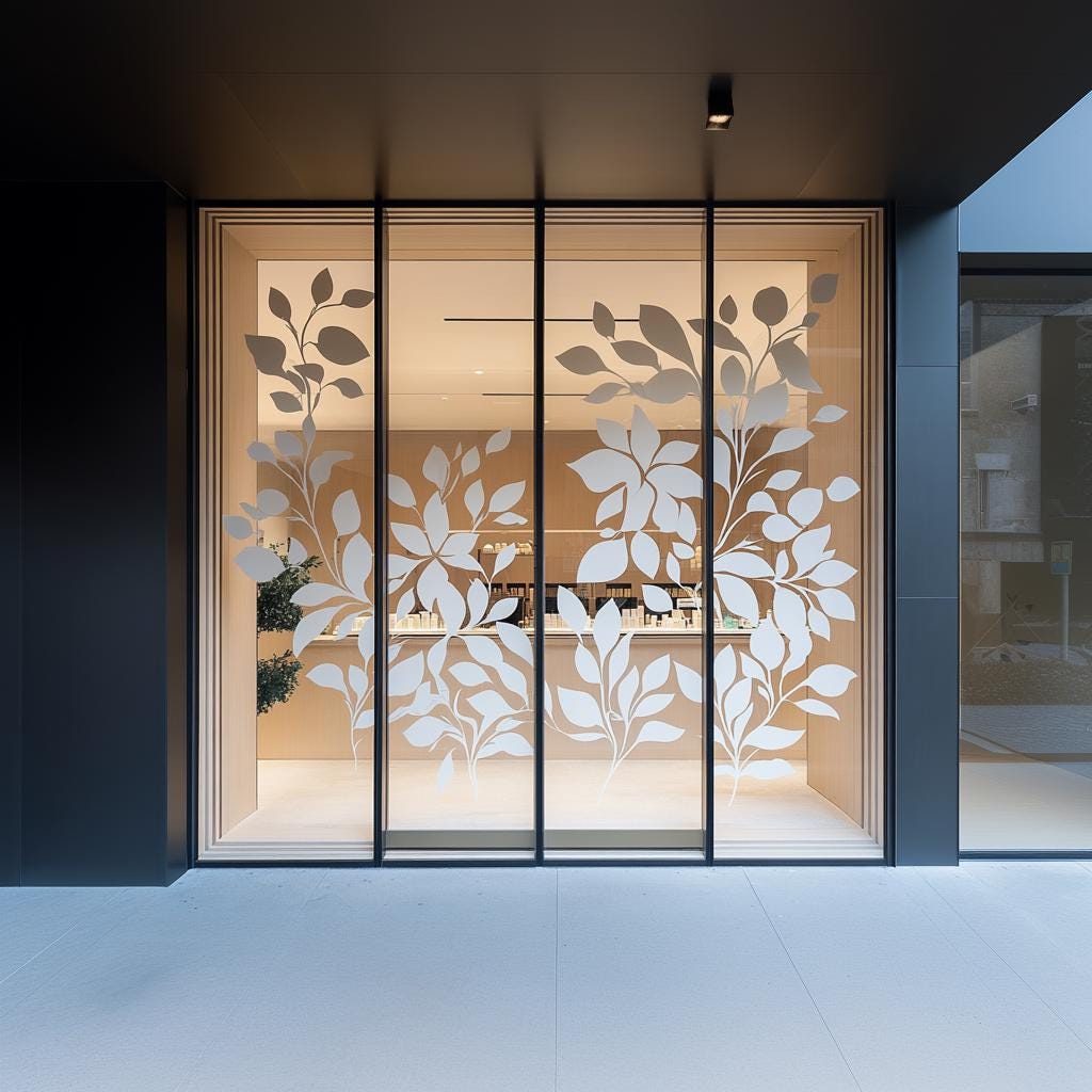 Elegant white botanical window decal with large leaves on glass storefront, enhancing modern decor.