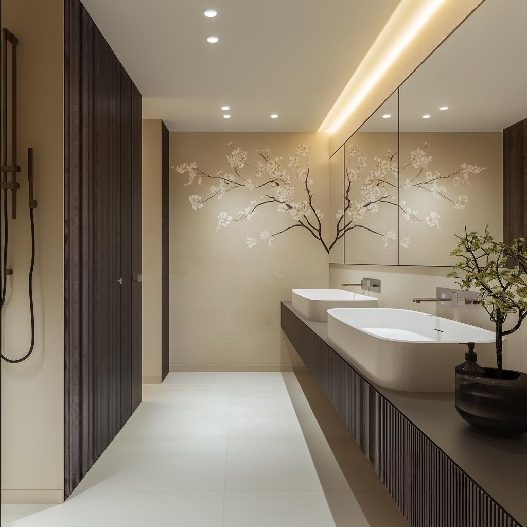 Elegant bathroom featuring a cherry blossom wall mural, enhancing tranquility and sophistication in the space.
