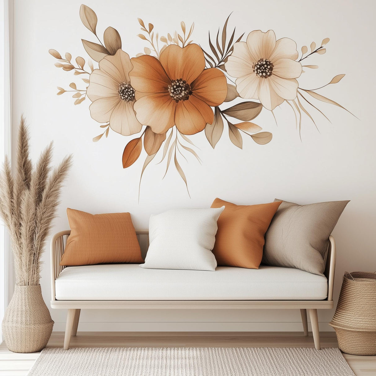 Boho floral wall decal featuring watercolor flowers in warm tones above a cozy sofa with decorative pillows.