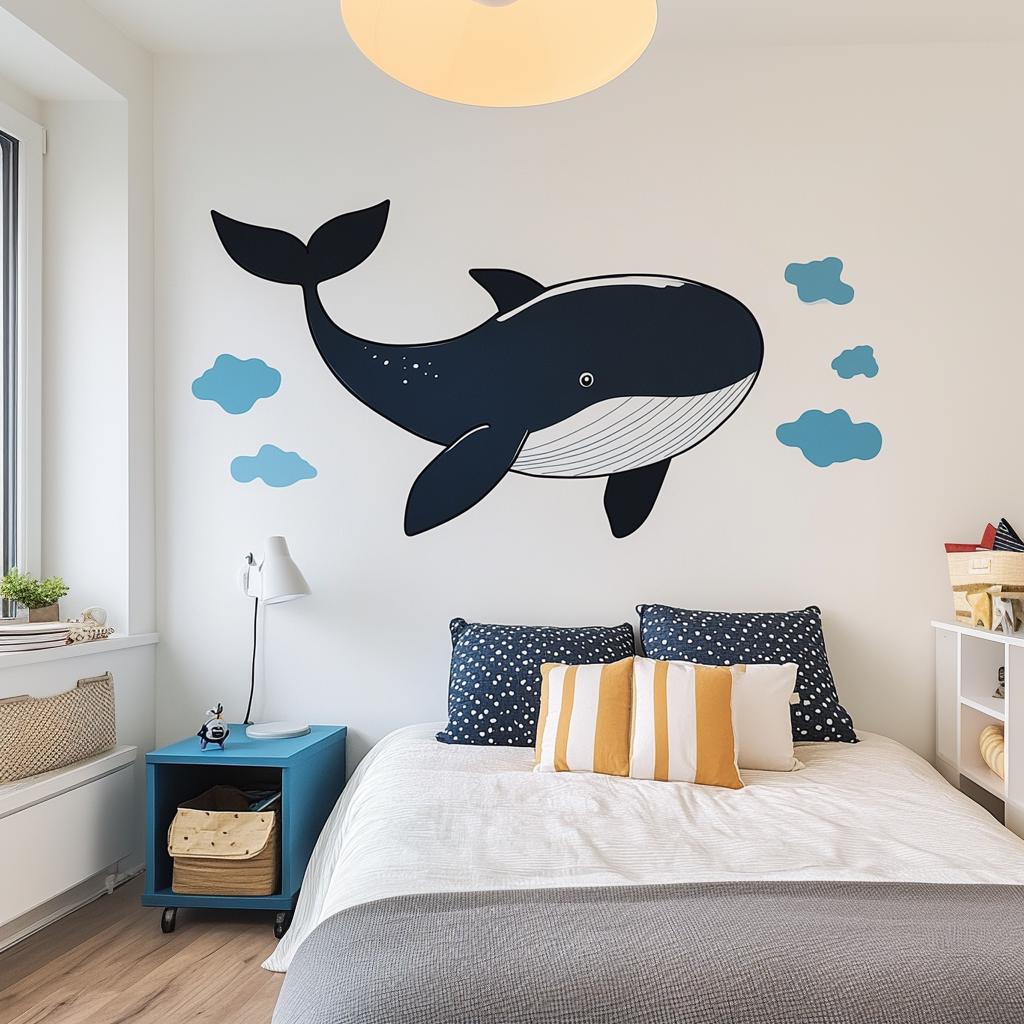 Whale wall decal in a nursery with clouds, ocean-themed boys bedroom decor, peel & stick vinyl sticker.