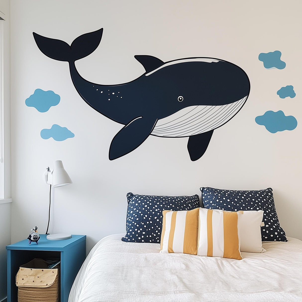 Cute blue whale wall decal with floating clouds, perfect for ocean-themed kids' room or nursery decor.