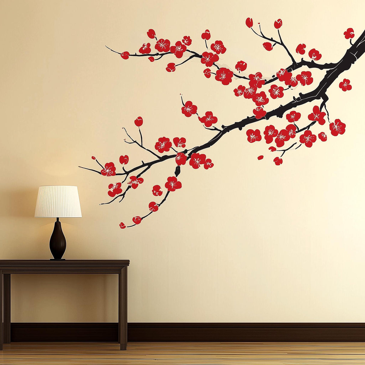 Plum blossom wall decal with red flowers and black branch on beige wall, enhancing Asian-inspired home decor.