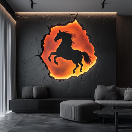 3D horse wall decal with fiery cracked rock effect in modern living room, bold statement wall art.