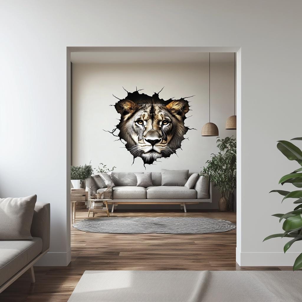 3D lion wall decal in living room, creating a cracked wall illusion with a majestic lion's face.