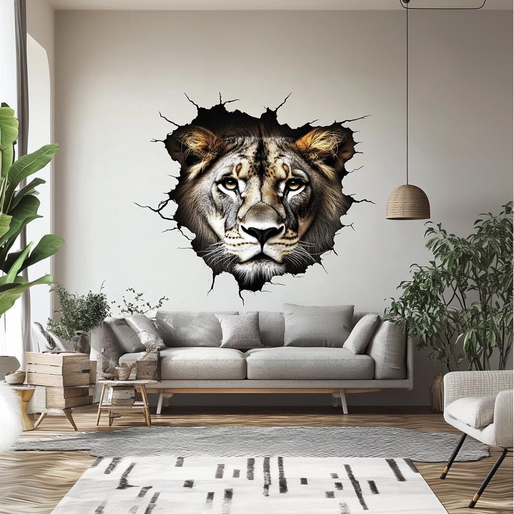 3D lion wall decal creating a cracked wall illusion in a stylish living room setting.