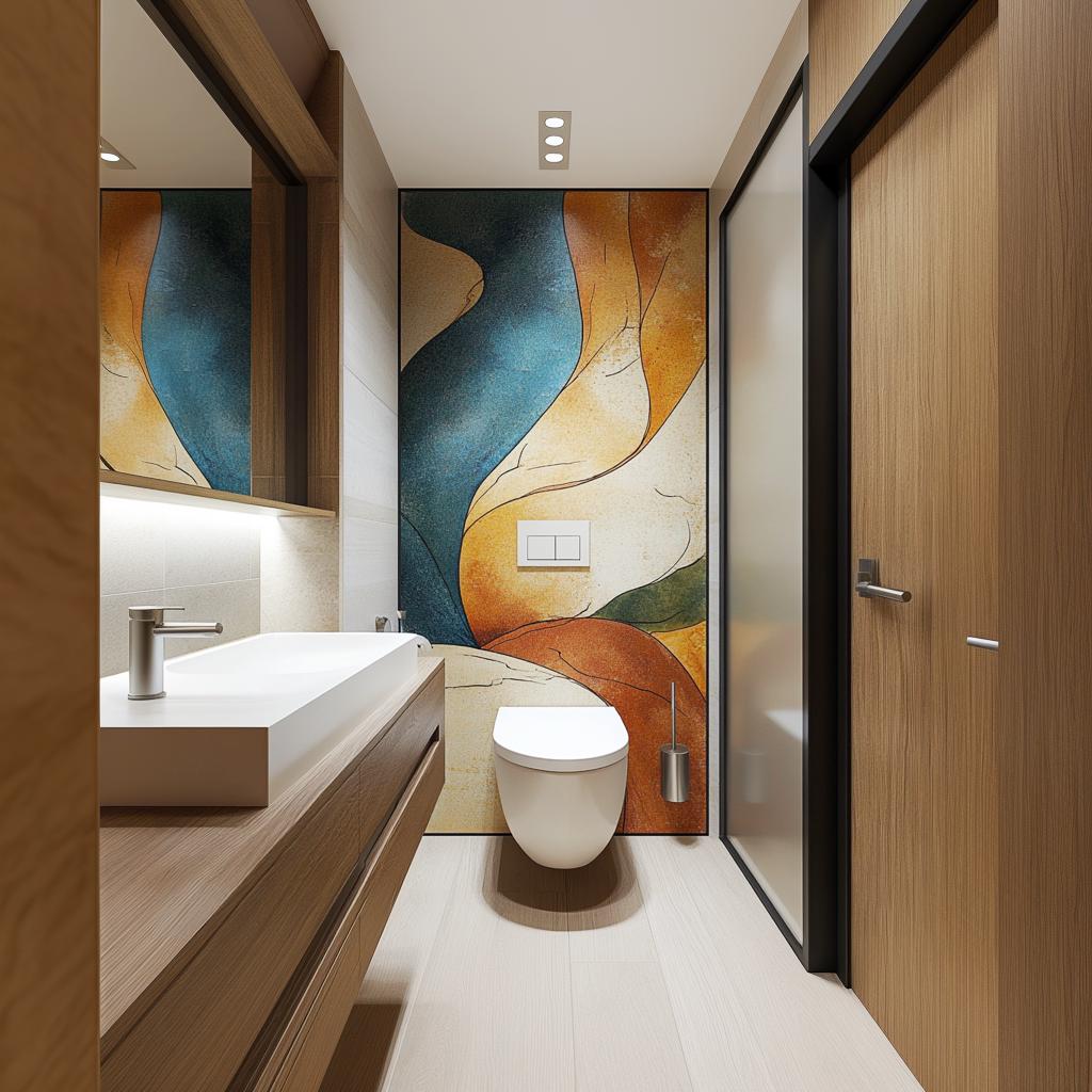 Modern bathroom with abstract wall mural in earthy tones, featuring flowing shapes and sleek design elements.