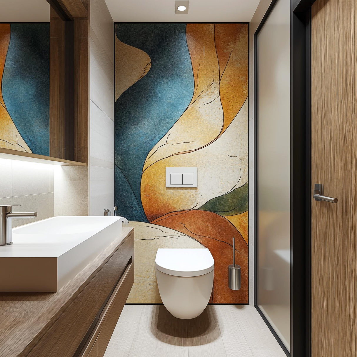 Modern bathroom featuring an abstract wall mural with flowing shapes in warm earthy tones.