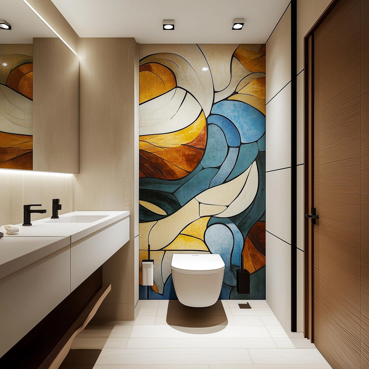 Modern abstract wall mural in a bathroom featuring geometric shapes in earthy and blue hues.