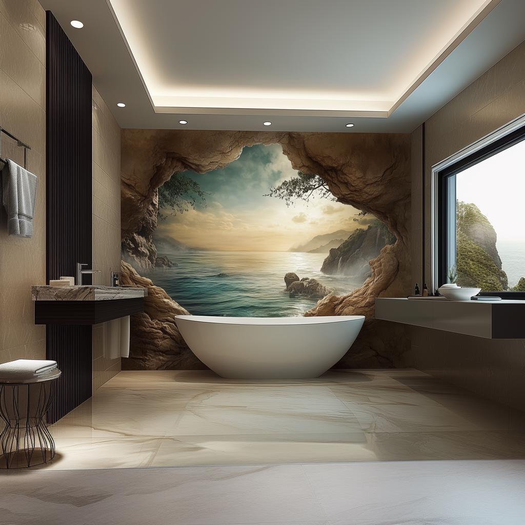 Luxury bathroom featuring a 3D ocean cave wall mural with a coastal sunset view and serene decor.
