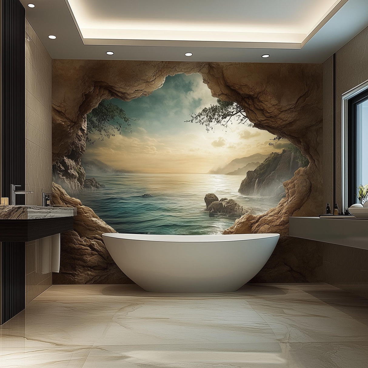 3D ocean cave mural in luxury bathroom with spa tub and beautiful coastal sunset view