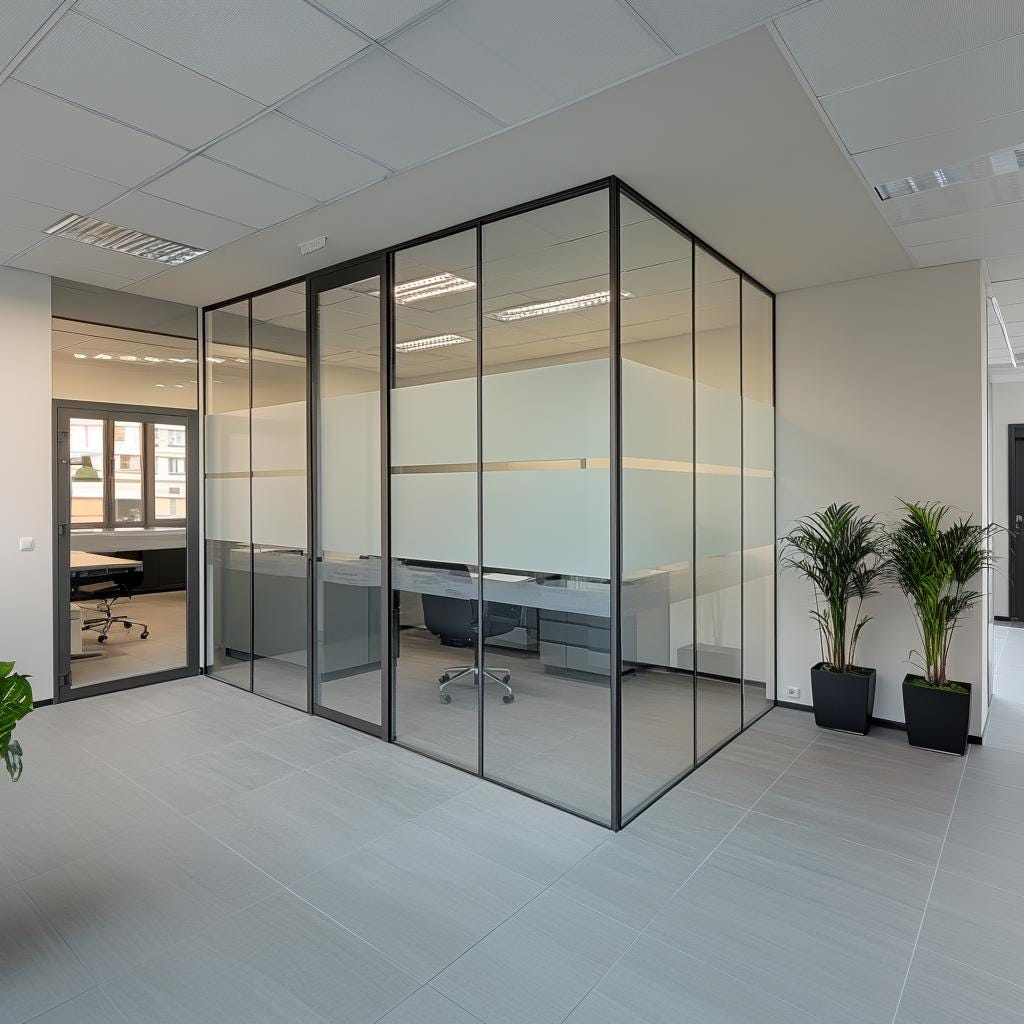 Modern office with frosted glass partitions providing privacy and natural light to workspaces.