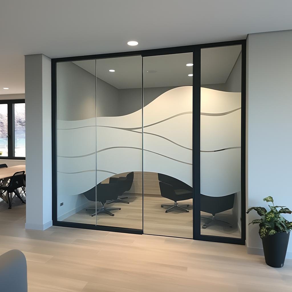 Frosted glass window film with wave design on office partition, ensuring privacy while maintaining natural light.
