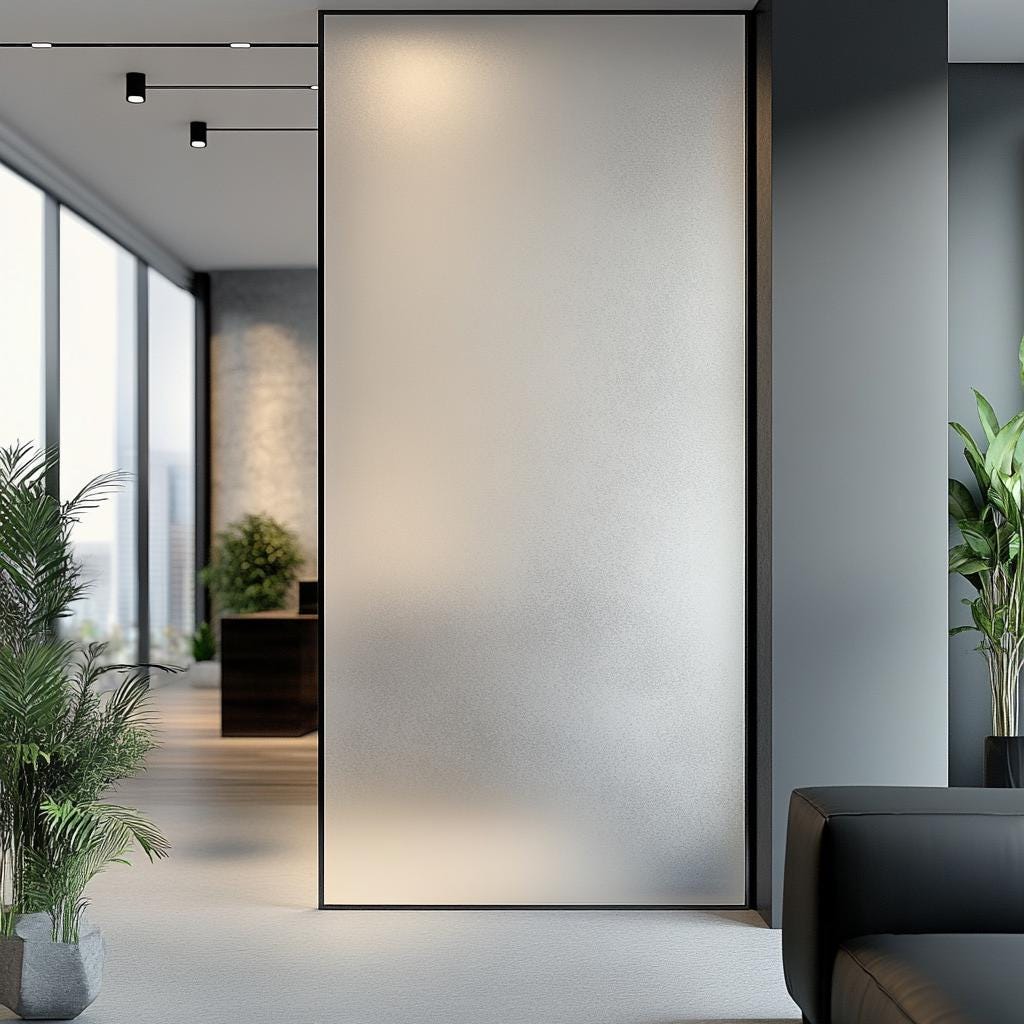 Full frosted glass privacy sticker creating a sleek partition in a modern office space allowing natural light.