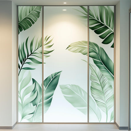 Tropical leaf frosted glass sticker with elegant botanical design for window decor.