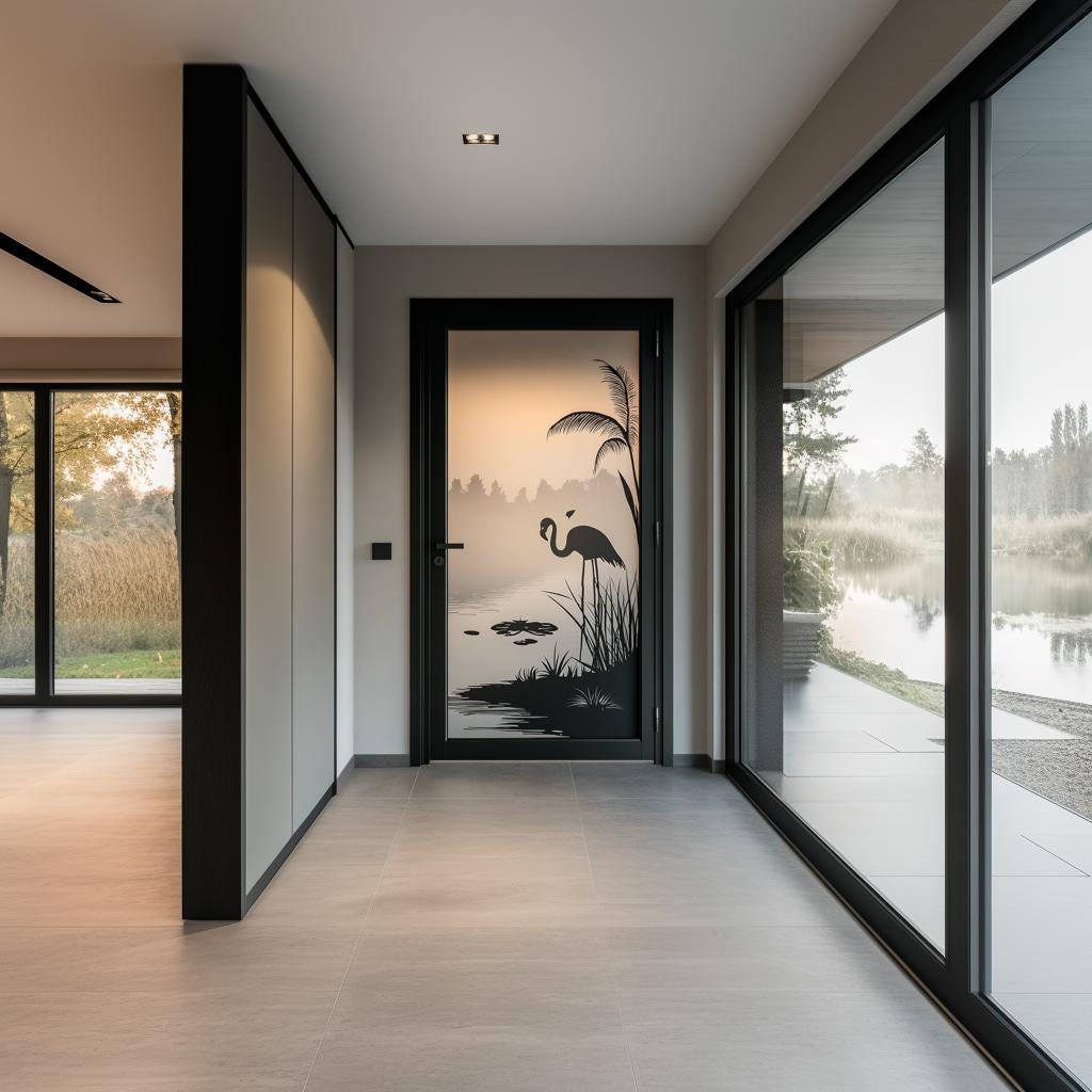 Flamingo frosted glass door sticker enhancing modern interior with nature silhouette design.