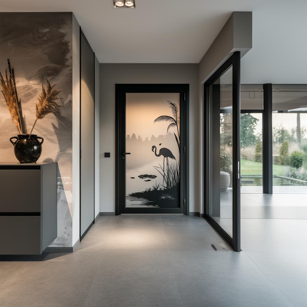 Flamingo frosted glass door sticker in modern interior, enhancing privacy and style with nature scene.