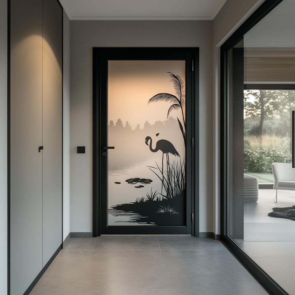 Flamingo frosted glass door sticker with nature scene, featuring palm trees and water reflection, enhancing privacy and decor.