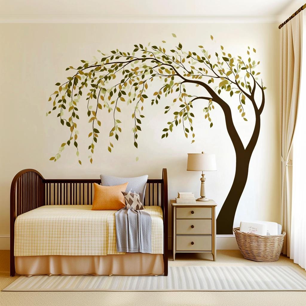 Weeping Willow Tree Wall Sticker | Nursery Wall Art Decal for Baby Girls | Falling Leaves Removable Vinyl Decor | Nursery Room Decals
