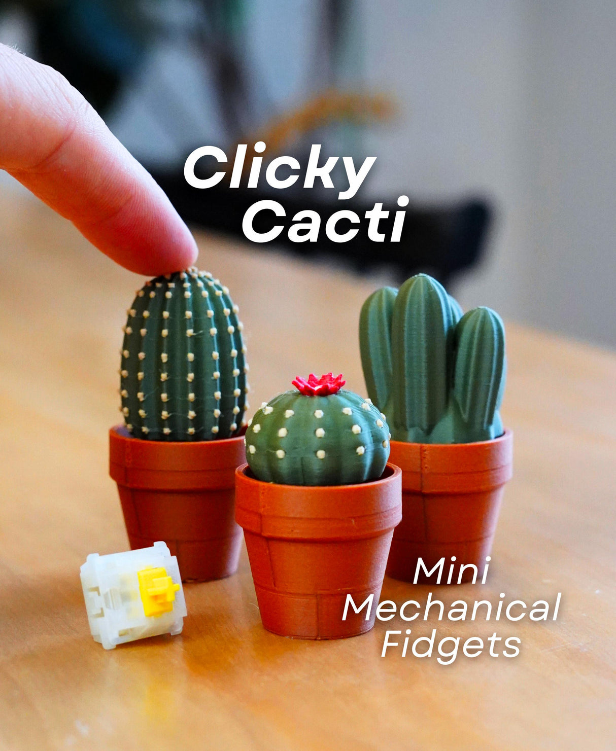 Mini Clickable Cacti mechanical fidget toys in pots, perfect for desk decor and stress relief.