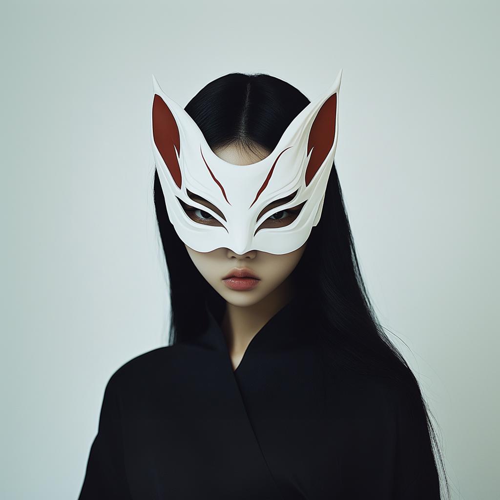 Elegant 3D-printed Japanese fox spirit mask worn by a model, perfect for cosplay and themed events.