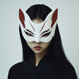 Elegant Japanese fox spirit mask worn by a model, showcasing its intricate 3D-printed design, perfect for cosplay and performances.