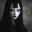 3D-printed Japanese ghost mask with intricate design, inspired by folklore and Noh theater, ideal for cosplay and Halloween.