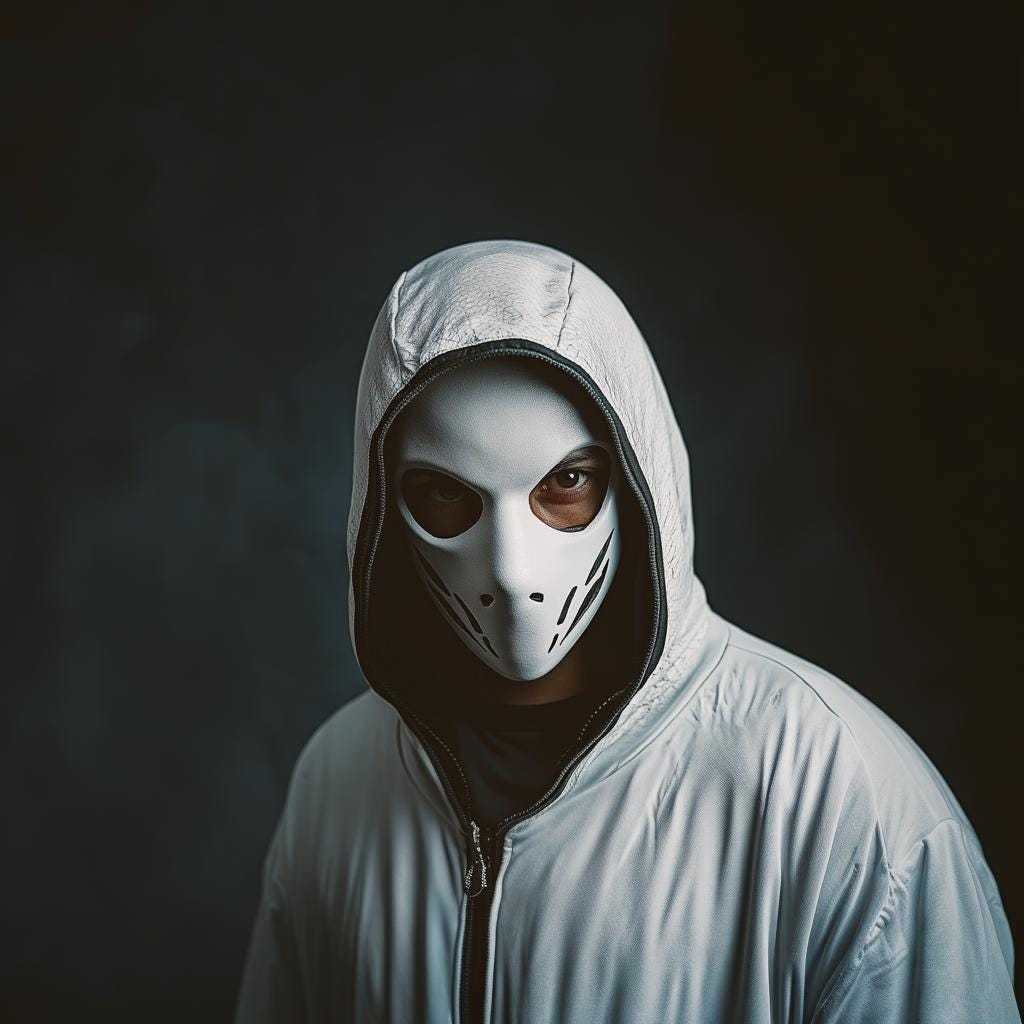 Person wearing a white assassin mask and hoodie, embodying a stealthy horror villain character.
