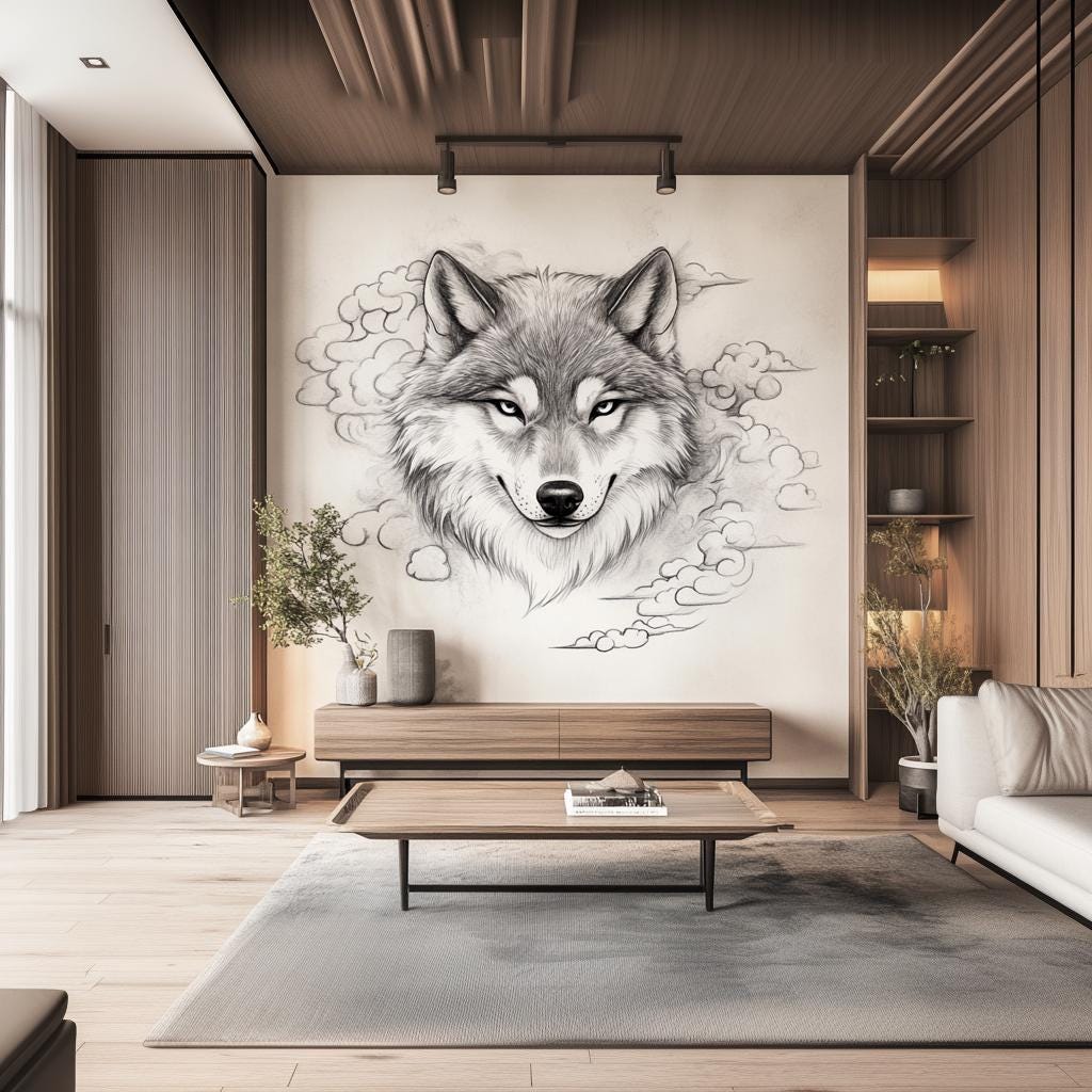 Majestic wolf wall decal in living room, featuring artistic pencil sketch and cloud elements, enhancing modern decor.