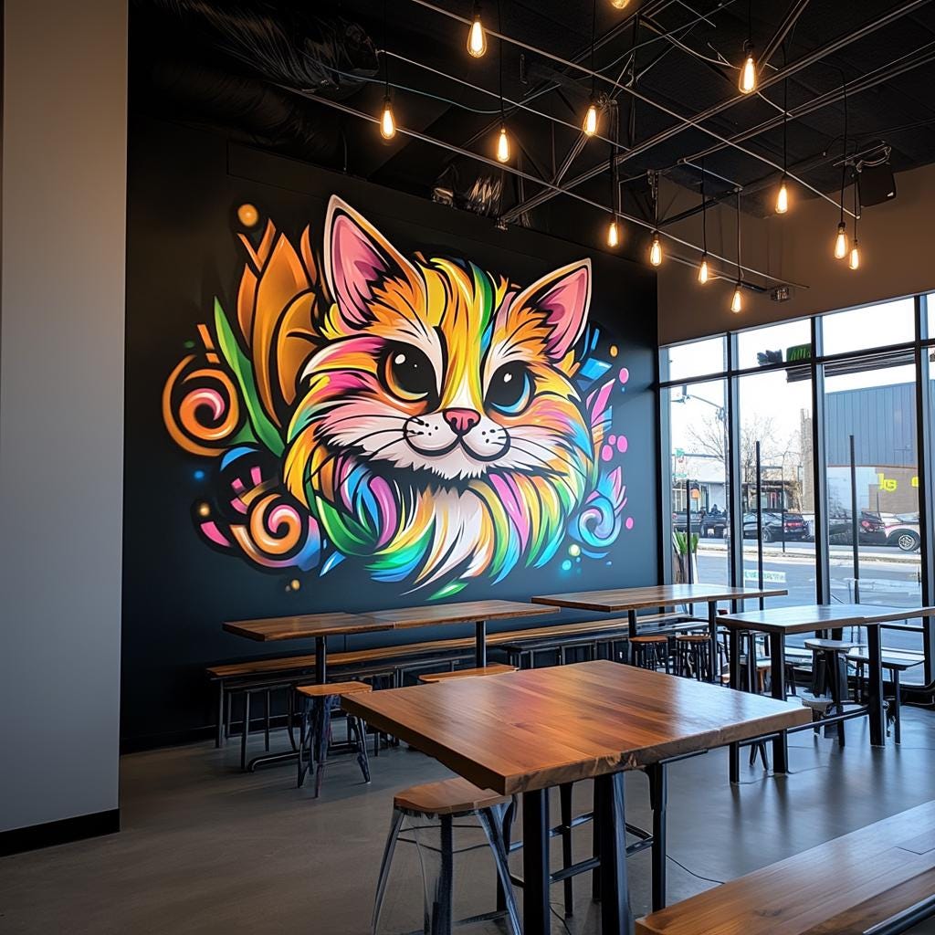Colorful cat mural in a café, featuring vibrant neon colors and playful design, perfect for modern decor.