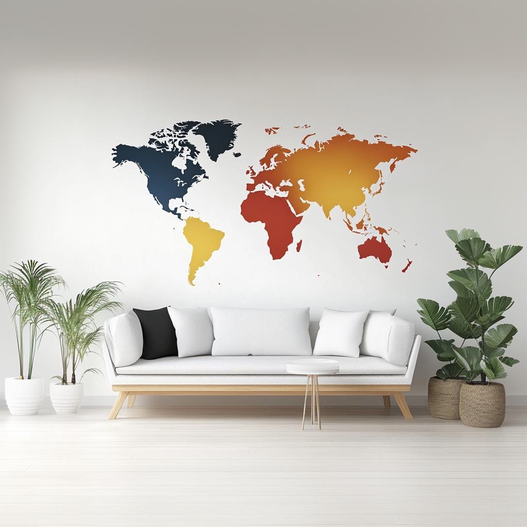 Gradient World Map Wall Decal | Large Modern Travel Vinyl Sticker | Minimalist Geography Wall Art | Office Living Room Decor | Peel & Stick