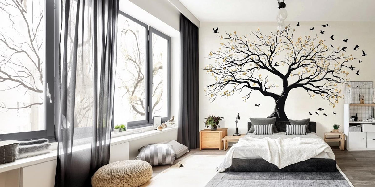 Elegant large tree wall decal with birds in a modern bedroom, featuring serene nature-inspired decor.
