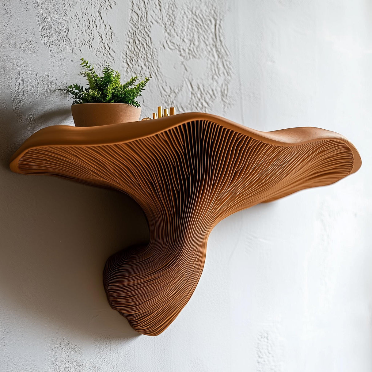 3D printed mushroom floating wall shelf with organic design, featuring a potted plant for modern home decor.