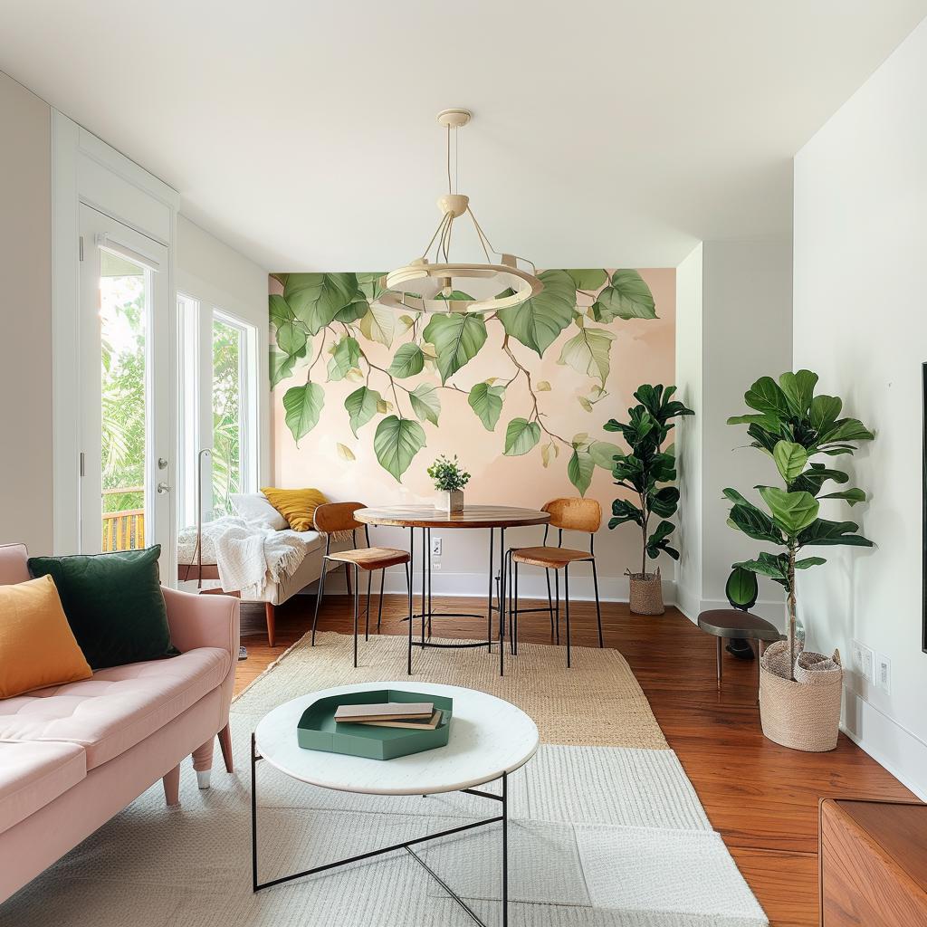 Stylish living room with large green leafy wall mural, modern furniture, and indoor plants, creating a serene nature-inspired decor.
