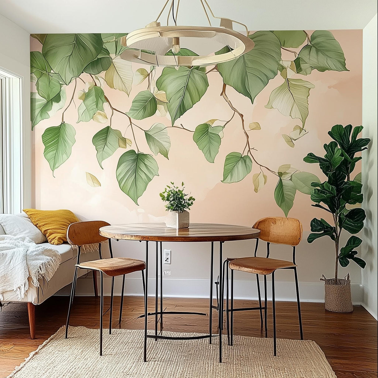 Leafy branch wall decal sticker in a dining area with modern decor and a round table.